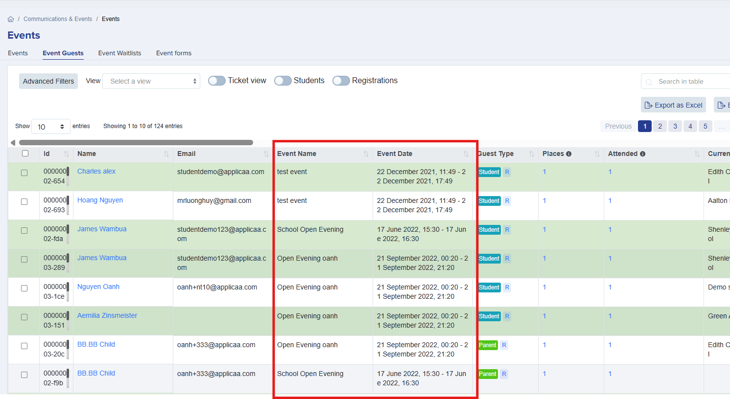 Event guest table with new columns