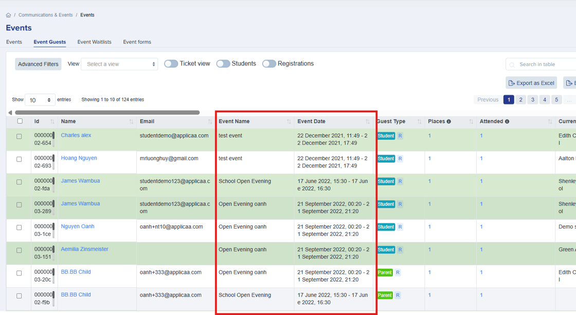 Event guest table with new columns