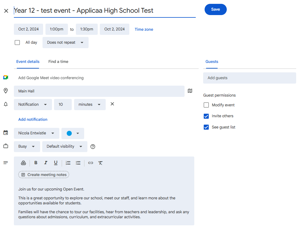 Add to calendar Gmail example