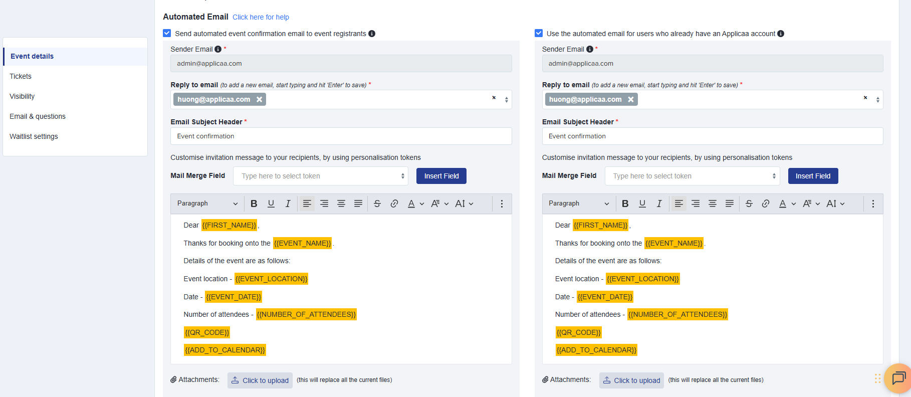 event email in-form editor