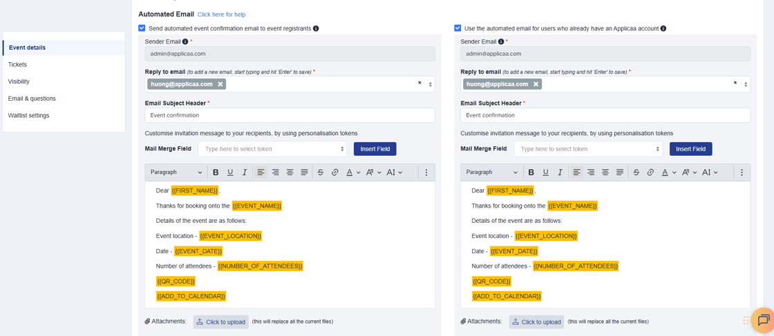 event email in-form editor