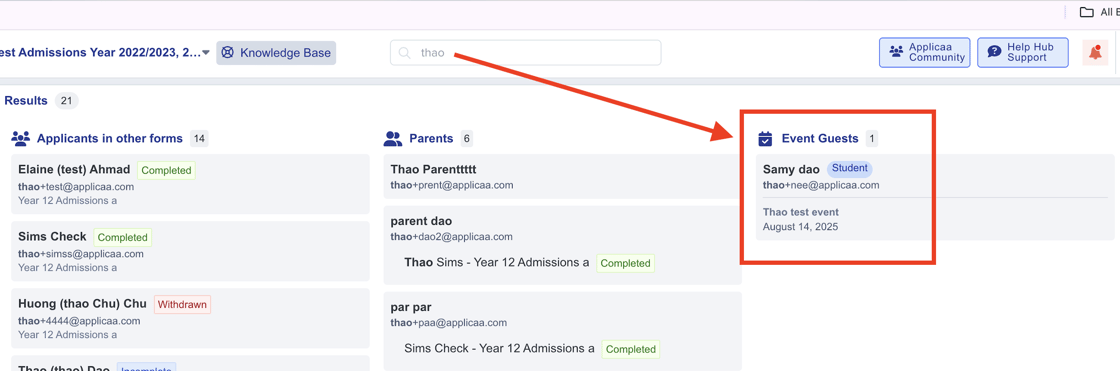 Event guest search results