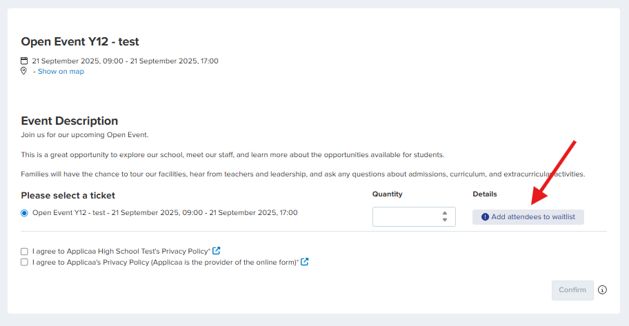 Events waitlist interface