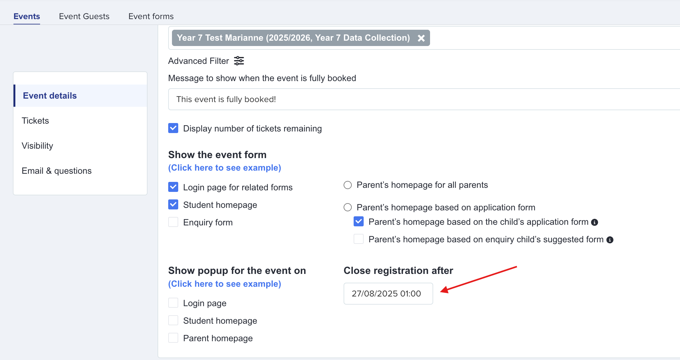 Unpublish event option