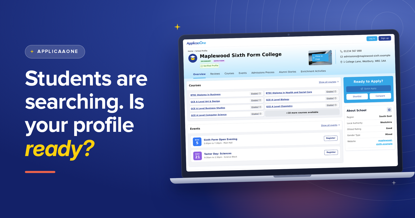 A laptop showing an ApplicaaOne school profile with courses and open events